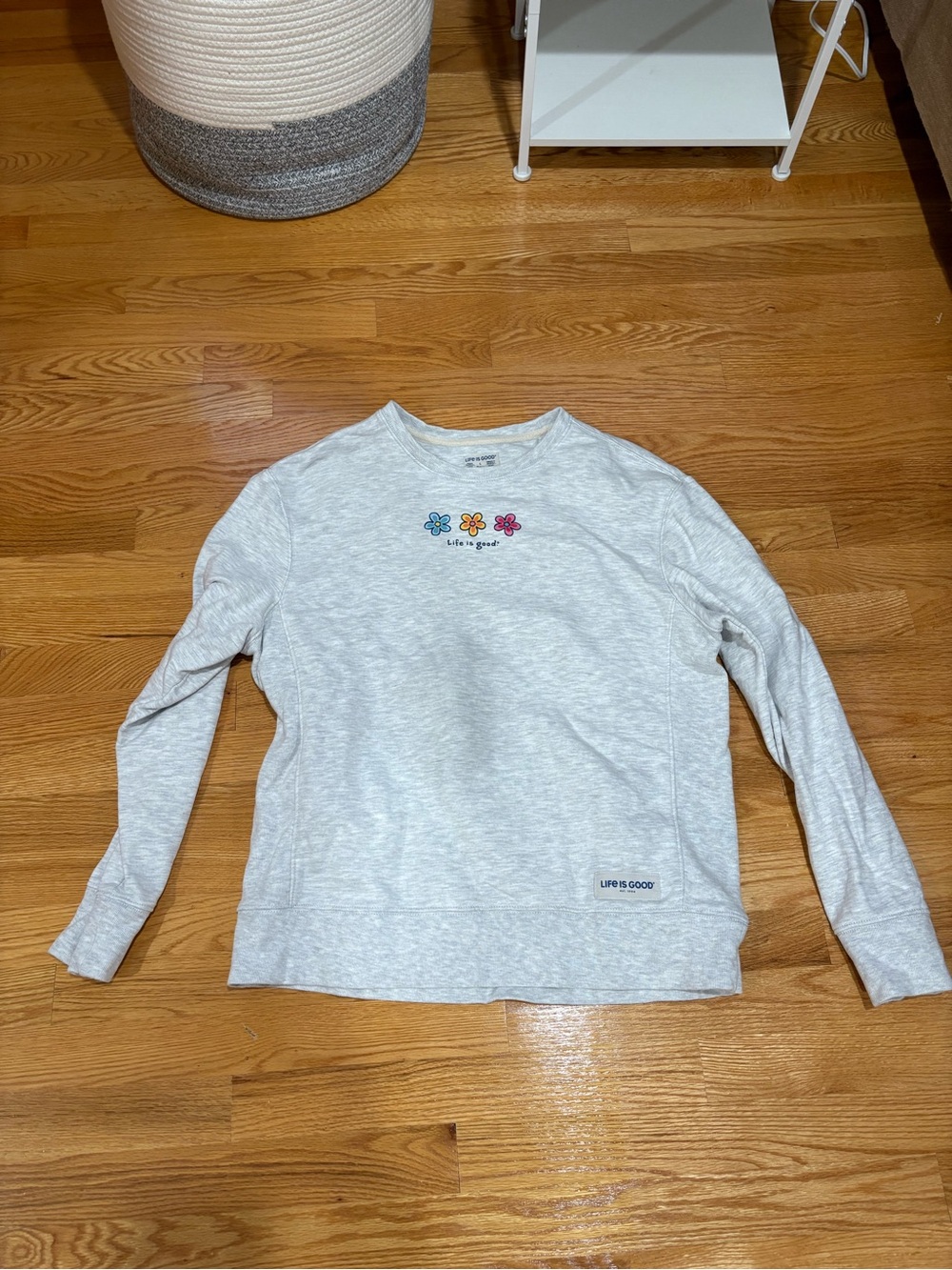Life Is Good Heather Gray Crewneck Sweatshirt with Multicolor Flower Embroidery